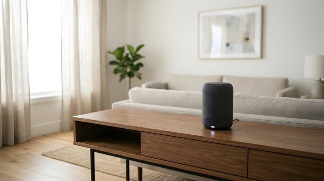 Modern smart speaker device placed on a wooden console table in a bright and cozy contemporary living room interior