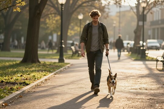 Captures Young Adult Male Walking Dog In Urban Park To Late Afternoon Early Evening Man Curly Hair Clean Shaven With Light Stubble Starting