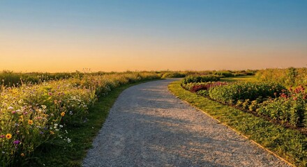 Naklejka premium Path winds through flower garden in park at sunset