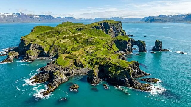 Scenic aerial view of rugged green island surrounded by blue ocean waters