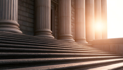 Naklejka premium The serene atmosphere of the early morning quiet around the columns of the courthouse building promotes themes of law and order.