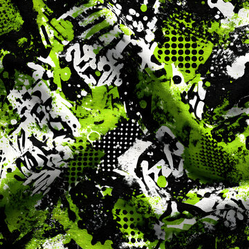 Abstract graffiti grunge texture with neon green splashes and distressed elements.