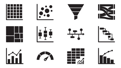 Fototapeta premium Data Visualization and Analytics Icon Set with Grid Funnel Network and Scatter Plot Symbols for Vector Illustration