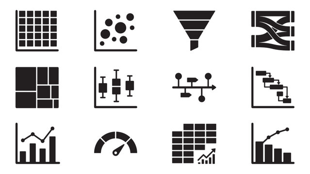 Data Visualization and Analytics Icon Set with Grid Funnel Network and Scatter Plot Symbols for Vector Illustration