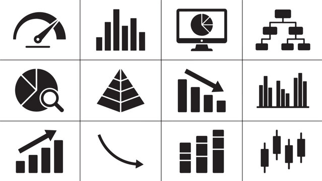 Business Performance Dashboard Icon Set with Speedometer Pyramid Chart and Financial Analytics Symbols for Vector Illustration