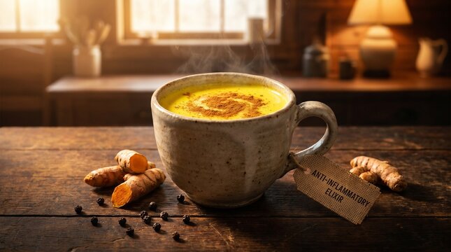 Steaming mug of anti-inflammatory golden milk turmeric latte with raw turmeric roots and black pepper on rustic wood