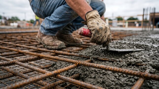Construction worker smoothing wet concrete over rebar reinforcement grid on a building site