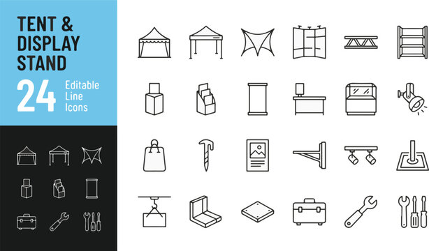 Tent and display stand line icon set. Exhibition booth, canopy marquee, roll-up banner, trade show equipment, promotion stall minimal vector illustration. Outline signs for brand. Editable stroke.