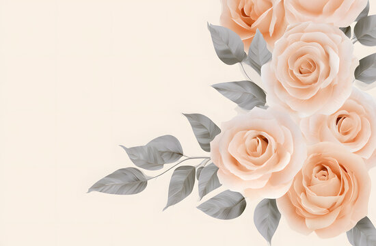 Soft peach roses on a muted grey leaf backdrop, set against a light beige field. Perfect for wedding invitations, greeting cards, romantic designs, and natural beauty themes. A gentle floral frame
