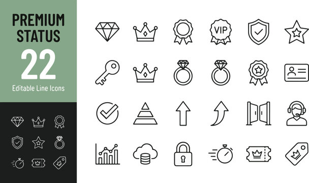 Premium status line icon set. VIP membership, loyalty program, reward points, exclusive access, business growth, level up, quality service, crown, diamond, star. Vector outline signs. Editable stroke.
