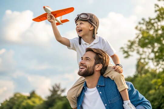 Heartwarming father and son enjoying playful aviation adventure together.