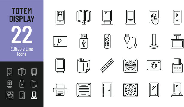 Totem display line icon set. Digital signage, kiosk, touchscreen, advertising screen, multimedia player, interactive terminal minimal vector illustration. Simple outline signs. Editable stroke vector.