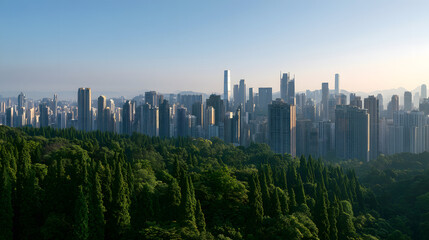 Obraz premium Cityscapes blending with lush forests promote sustainable finance and ESG investing