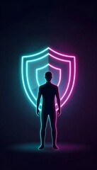 Obraz premium Neon Glowing Man Silhouette with Shield in Dark Background