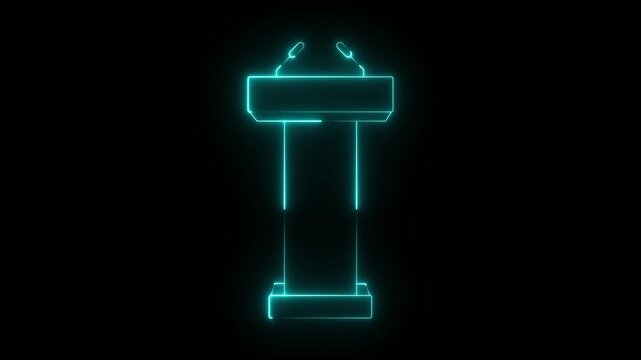 Glowing neon Podium Tribune Rostrum Stand with Microphones icon isolated on black background. Stage stand or debate podium rostrum icon animation.