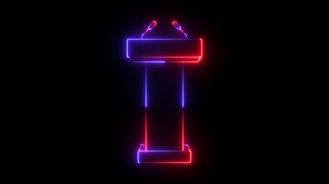 Glowing neon Podium Tribune Rostrum Stand with Microphones icon isolated on black background. Stage stand or debate podium rostrum icon animation.