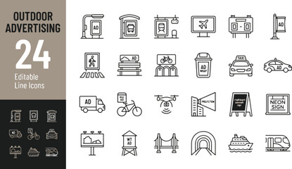 Outdoor advertising line icon set. Billboard, bus stop, digital signage, transit media, street furniture, vehicle wrap, ambient marketing minimal vector illustration. Simple outline signs. Editable St © Jason