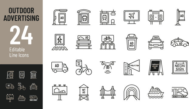 Outdoor advertising line icon set. Billboard, bus stop, digital signage, transit media, street furniture, vehicle wrap, ambient marketing minimal vector illustration. Simple outline signs. Editable St