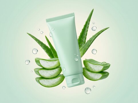 Floating Aloe Vera Skincare Bottle with Botanical Leaves on Mint Gradient Background