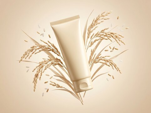 Floating Rice Extract Skincare Bottle with Natural Ingredients on Beige Gradient Background
