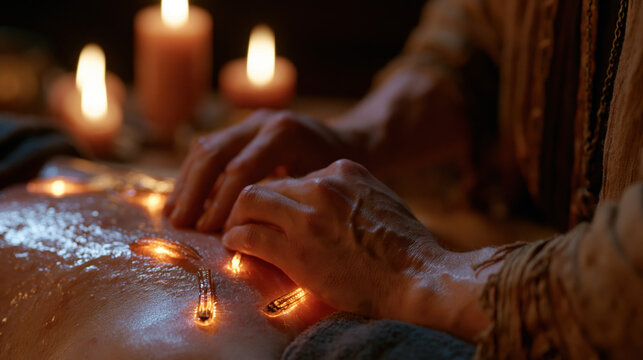 Candlelit Healing Ritual With Translucent Leeches Arranged by Steady Healer Hands