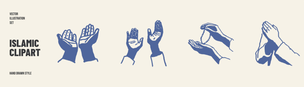 Praying hands and rosary gesture clipart with Islamic spiritual symbolism collection. Illustrations for greeting cards and faith graphics in authentic hand drawn style.