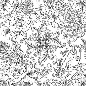 Intricate steampunk floral pattern with roses, lilies, ferns, and gears