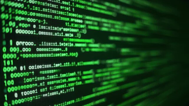 Abstract Green Digital Code Flowing on Dark Background.