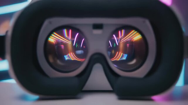 Virtual Reality Headset Displaying Colorful Abstract Digital World.
