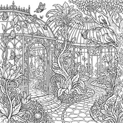 Obraz premium Greenhouse garden with butterflies and birds keywords: greenhouse, garden, conservatory, ornate