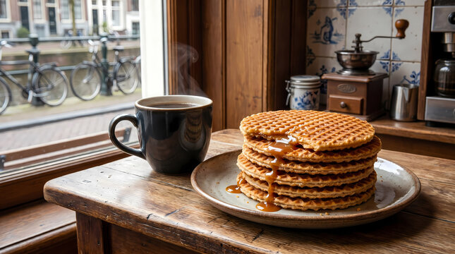 Stack of Authentic Dutch Stroopwafels with Melting Caramel and Hot Coffee