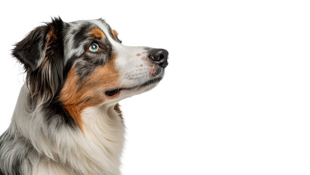 Fluffy australian shepherd dog looking to the side in a profile portrait isolated on transparent background cut out
