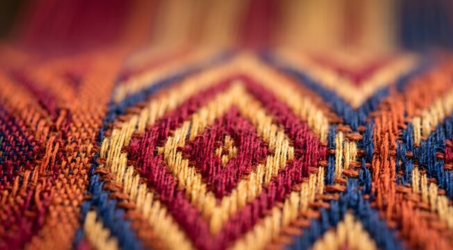 Extreme macro photograph of Thai Mudmee Ikat silk fabric, shot with 100mm macro lens, revealing individual silk threads woven in geometric diamond and chevron patterns.