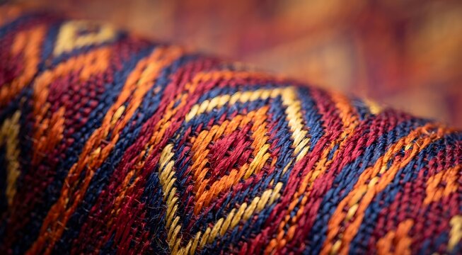 Extreme macro photograph of Thai Mudmee Ikat silk fabric, shot with 100mm macro lens, revealing individual silk threads woven in geometric diamond and chevron patterns.