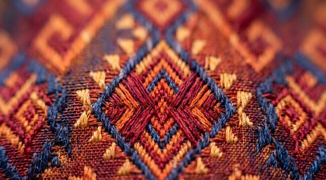 Extreme macro photograph of Thai Mudmee Ikat silk fabric, shot with 100mm macro lens, revealing individual silk threads woven in geometric diamond and chevron patterns.