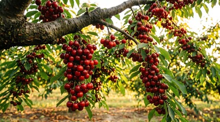 Fototapeta premium Vibrant Clusters of Ripe Red Cherries Hanging From Fruit Tree Branches in a Sunny Orchard During the Peak Summer Harvest Season