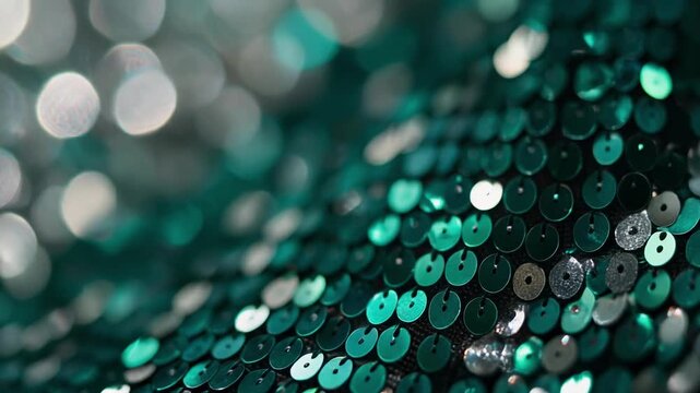 Close-up of Teal Sequins Fabric with Bokeh Lights.