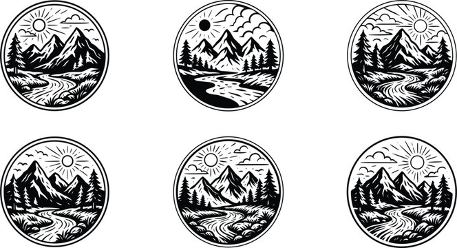 Vintage mountain landscape badge collection featuring winding river pine forest in engraved vector style
