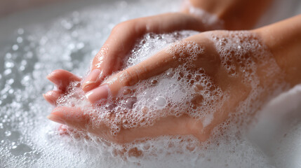 Fototapeta premium Close Up of Hands Washing with Soap Foam Hygiene and Hand Care Cleanliness Concept