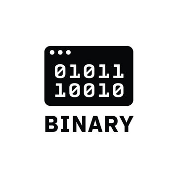 Black silhouette of a rectangular display with binary code and text reading binary digital data stream computer shape screen
