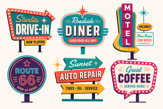 A collection of six vintage retro roadside neon signs for businesses like a drive-in, diner, motel, auto repair, and coffee shop, featuring classic American design.