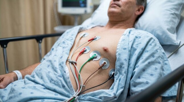 Man patient lying in hospital bed with cardiac electrodes on chest. EKG monitoring for heart health checkup. Clinical diagnostic testing and cardiovascular medical care examination.