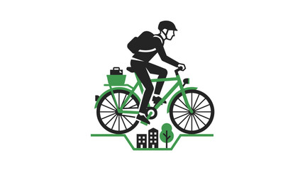 Fototapeta premium Cyclist with backpack and briefcase rides a green bicycle through a stylized cityscape.