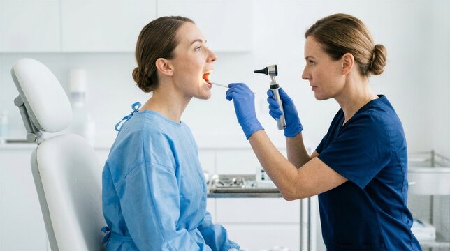 Woman doctor examining throat of woman patient using otoscope. Medical consultation in hospital clinic. Professional healthcare diagnostic procedure for ear nose and throat checkup.