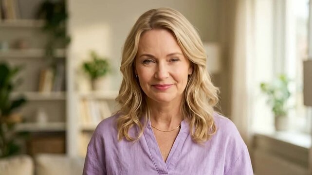 Smiling middle-aged woman near window in cozy home setting