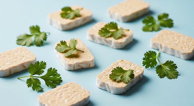 Fresh tempeh slices with herbs on pastel blue background