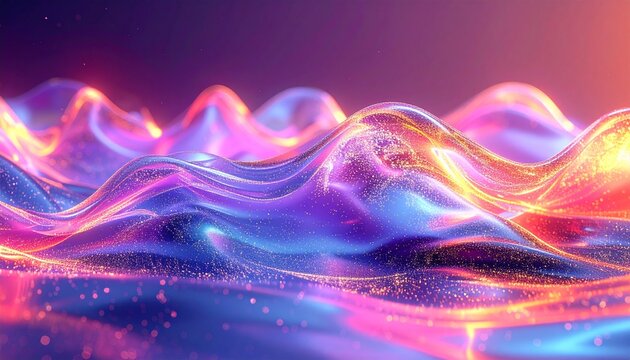 Vibrant neon waves undulate across a futuristic digital landscape with glowing colors and sparkling particles in a mesmerizing display.