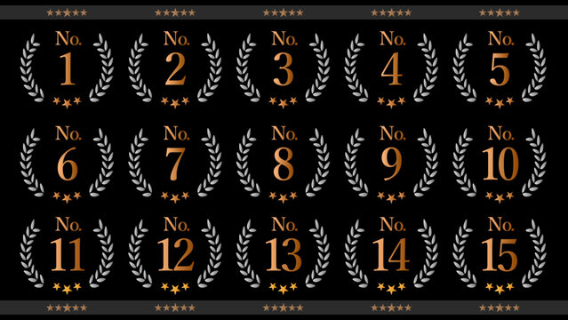 高級感のある順位ランキングアイコンセットNo.1 〜N0.15（黒背景）｜第1位 第2位 第3位 第4位 第5位 第6位 第7位 第8位 第9位 第10位 第11位 第12位 第13位 第14位 第15位 シルバー アイコン 月桂樹 フレーム：メダルセットD_26_No1-15_bk