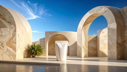 Fototapeta premium A serene outdoor scene with modern architecture featuring arches, a white sculpture, and a plant under a clear blue sky with wispy clouds.