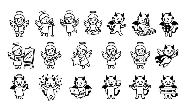 Cute Angel and Devil Action Pose Outline Icons Cartoon Good and Evil Mascot Vector Set